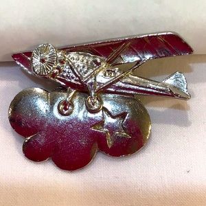 Vintage Biplane silver brooch w/ clouds & star